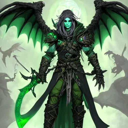Prompt: A dungeons and dragons based character, Fallen Aasimar, male, 
Large Bone wings on back, Green necrotic eyes, 4 shiny rings one is black showing signs of death,  