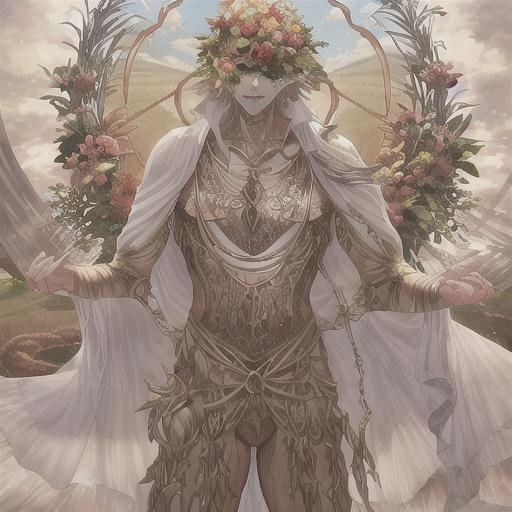 Prompt: name of character is morning,
inspired by PLUTUS (Ploutos) The blind god of agricultural wealth and bountiful harvest, has a patchwork face and very poor choice of clothing, male, muscle