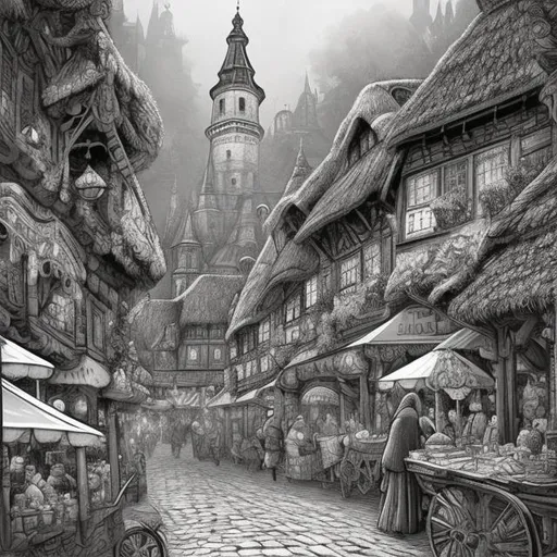 Prompt: Folktale black and white illustration of an old town medieval market place, forest animals as people, detailed architecture, intricate cobblestone streets, vintage cart filled with goods, quaint cottages with thatched roofs, mystical atmosphere, intricate line work, high contrast, cartoon, detailed wildlife, vintage style, atmospheric lighting