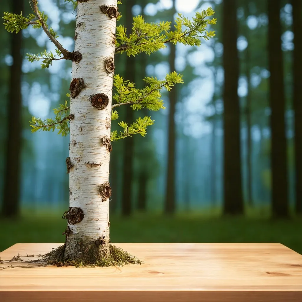 Prompt: Generate birch that stay on the table with a blurry forest behind it