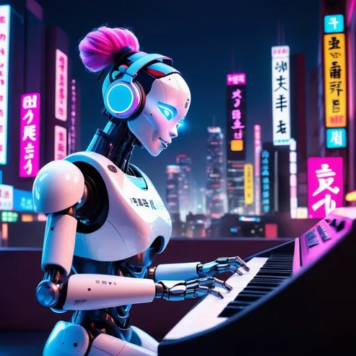 Prompt: a futuristic scene with a humanoid robot playing a keyboard and singing into a microphone, set against a vibrant cityscape with neon lights and Japanese characters. The robot has distinctive features like a ponytail, headphones, and a white and black body with blue and pink accents