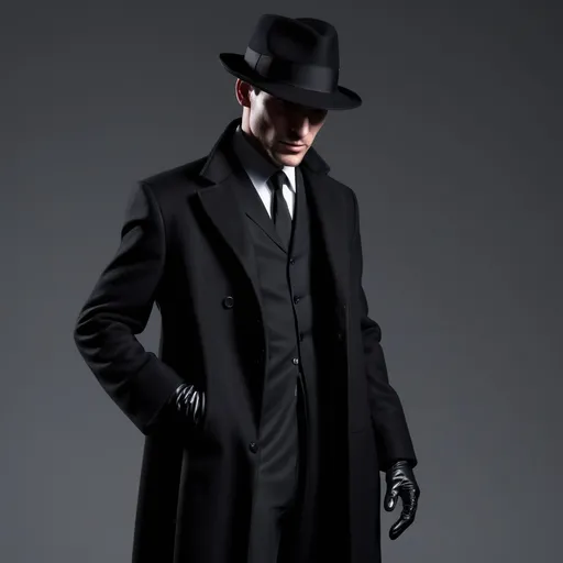 Prompt: a male figure wearing a black suit, long black overcoat, black fedora hat and black gloves with no facial features 