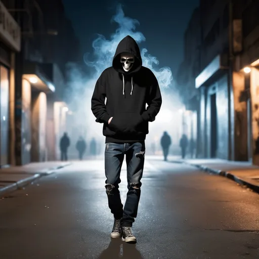 Prompt: death but wearing a black hoodie and jeans while walking at night in a grungy city and smoking a cigarette