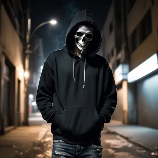 Prompt: death but wearing a black hoodie and jeans while walking at night in a grungy city and smoking a cigarette