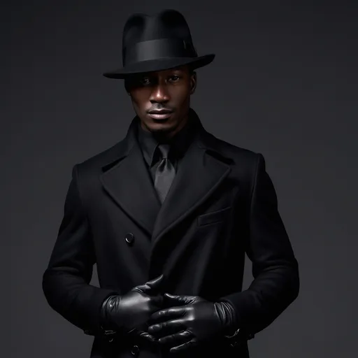 Prompt: a male figure wearing a black suit, long black overcoat, black fedora hat and black gloves with dark ebony skin with no facial features 