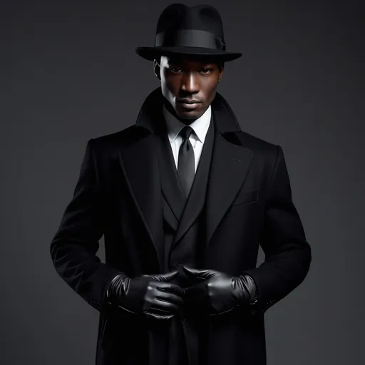 Prompt: a male figure wearing a black suit, long black overcoat, black fedora hat and black gloves with dark ebony skin with no facial features 