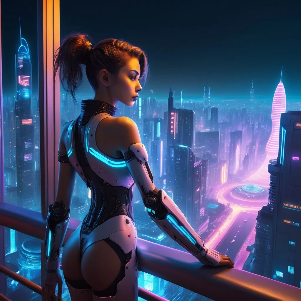 Prompt: a young lady with a cybernetic arm overlooking a futuristic neon city at night from an apartment balcony as a skyship flys by.