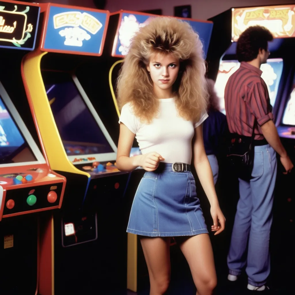 Prompt: a young woman wearing a mini skirt and big hair in a busy video arcade in the mid 80's, 