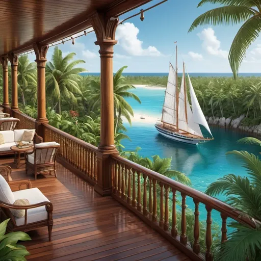 Prompt: Luxurious 3D rendered natural painting of sailing tall ships, lush tropical vegetation, and luxury resort, from the point of view. Detailed wooden decks with clam bars and luxurious cruise ships, surrounded by lush forest and palm trees, inspired by the Florida Keys and Cuba, high-quality, ads-luxury style, detailed 3D render, tropical paradise, opulent, vibrant colors, elegant sailboats, luxurious cruise ships, palm-fringed coastline, professional lighting, breathtaking perspective