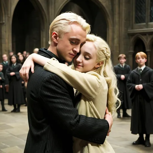 Prompt: Draco Malfoy hug Luna Lovegood in Hogwarts
