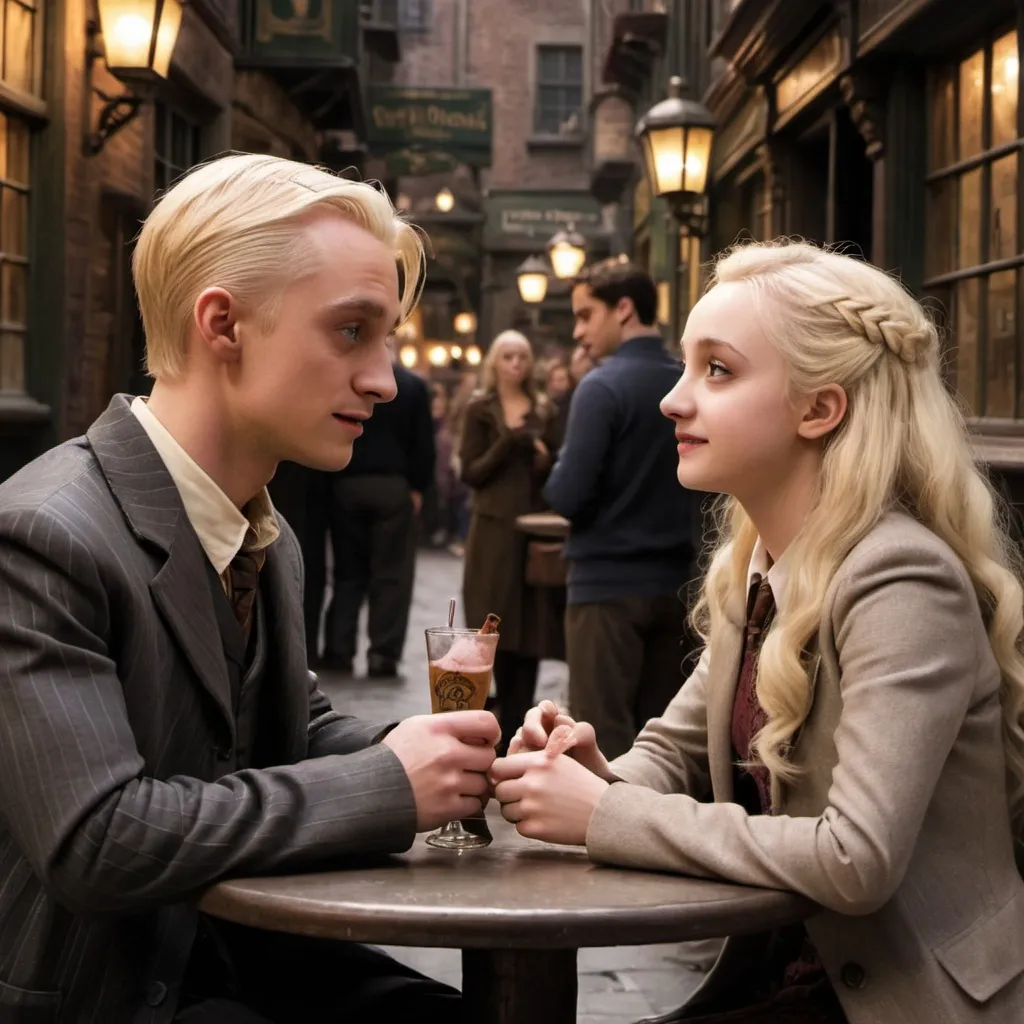 Prompt: Draco Malfoy and Luna Lovegood on a date in Diagon Alley, sweet, romantic