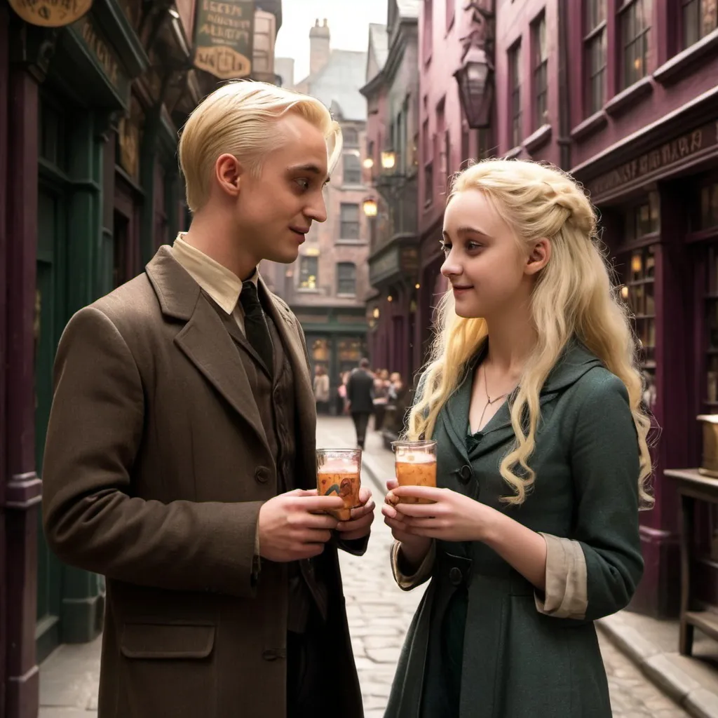 Prompt: Draco Malfoy and Luna Lovegood on a date in Diagon Alley, sweet, romantic