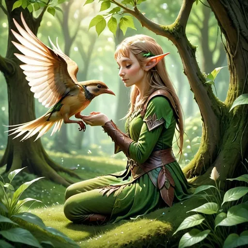 Prompt: draw an elf whispering something to a bird in a forest in broad daylight