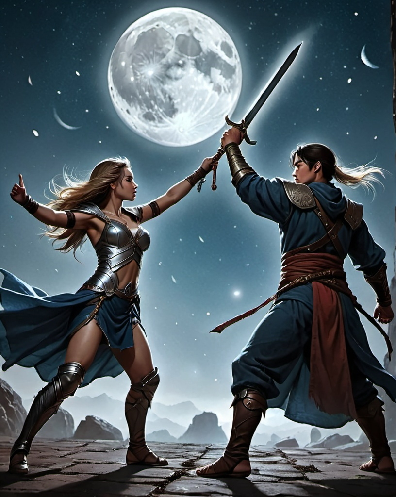 Prompt: two heros fighting each other one female with a sword and one male with a shild, and in background a mage with the hands up to the night sky and 10 moons