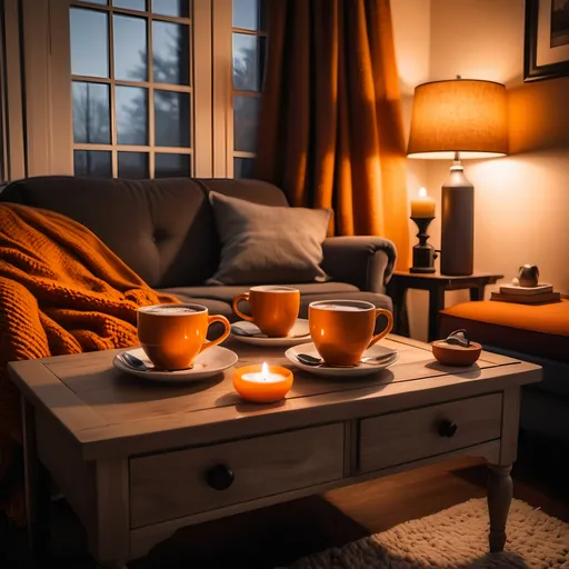 Prompt: a cozy fall evening surrounded by warm blankets and furniture with warm cups of coffee nearby and an orange dim lighting