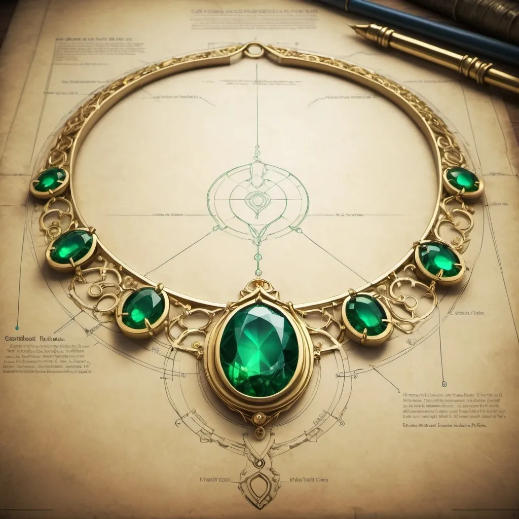 Prompt: Blueprint to make a golden neckless with a Green smaragd in the misddle. Fantasy style. Magic aura, dimensions included.