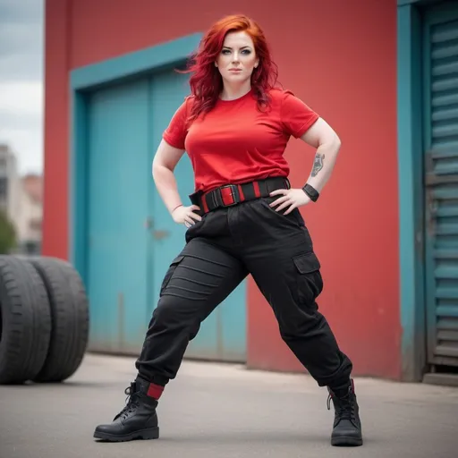 Prompt: 30 year old woman. Overweight sporty build. Vibrant bright red hair. Red shirt. Red cargo pants. Black combat boots. black belt.