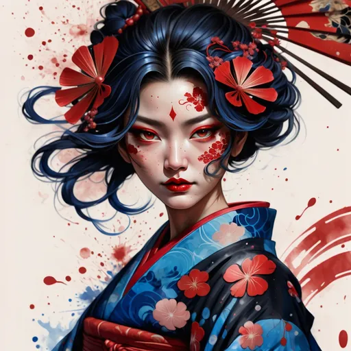 Prompt: digital watercolor painting, a woman wearing an intricate kimono, paint splatter, black and red, bold brush strokes, art nouveau and bleu pain splaches on the face with a fan