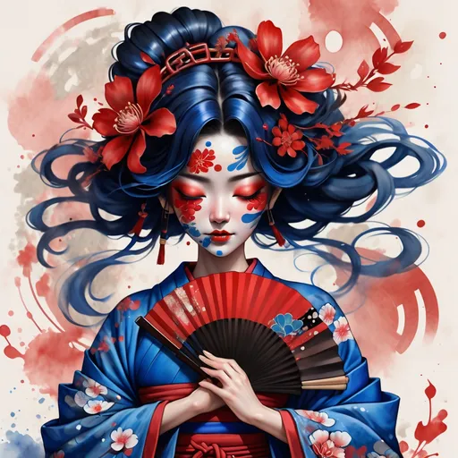Prompt: digital watercolor painting, a woman wearing an intricate kimono, paint splatter, black and red, bold brush strokes, art nouveau and bleu pain splaches on the face with a fan make her hold the fan to he face and give her loose hair with a flower crown and her eyes closed with six arms in the back in the zen pose