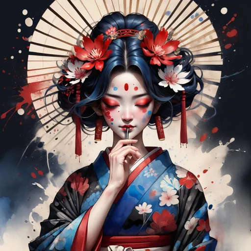 Prompt: digital watercolor painting, a woman wearing an intricate kimono, paint splatter, black and red, bold brush strokes, art nouveau and bleu pain splaches on the face with a fan make her hold the fan to he face and give her loose hair with a flower crown and her eyes closed with six arms in the back in the zen pose