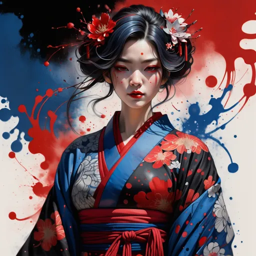 Prompt: digital watercolor painting, a woman wearing an intricate kimono, paint splatter, black and red, bold brush strokes, art nouveau and bleu pain splaches