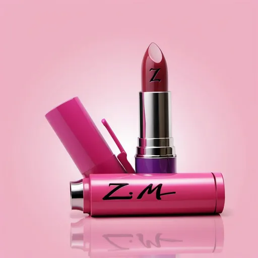 Prompt: I want a logo for a lipstick company the color must be a mutation of pink, brown, and purple I would like in the background of the image to have a small banner with the letters Z and M remove the lips i only want the tube. the lpstic chould be round on the tube i want the letter to be Z and the cap on the sid must have the letter M i want the cap on the side have the letter z on the tube and the letter m on the cap can you remove the lips from this image