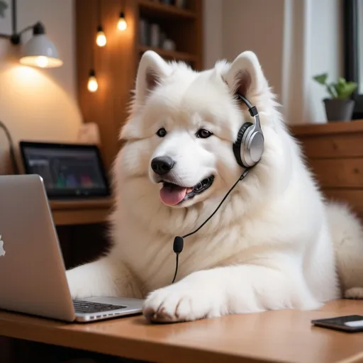 Prompt: a samoyed sitting in front of a laptop with headphones with a mic on