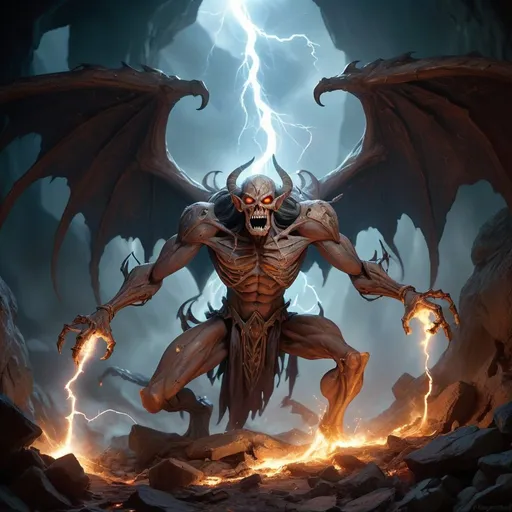 Prompt: epic magic battle scene in a cave with a fallen deity, Its form is a twisted amalgamation of divine and infernal, a grotesque fusion of beauty and horror that defies mortal comprehension. The fallen deity looms over the adventurers, its towering figure wreathed in shadows and malevolence. Its once-glorious wings, now tattered and mottled with decay, stretch out like skeletal appendages, casting a looming shadow over the battlefield. Its eyes, once radiant with divine power, now burn with a cold, seething fury, a testament to the corruption that has consumed it. The deity's body is adorned with ancient runes and symbols, pulsating with dark energy that crackles and dances across its skin like lightning. Its form shifts and contorts with unnatural grace, twisting and writhing as if in constant agony, a reflection of the torment that consumes its very being