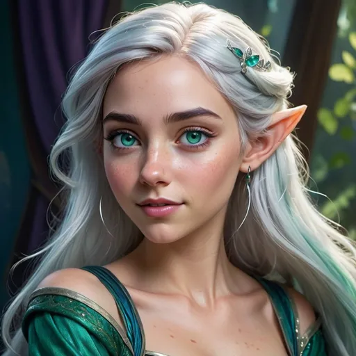 Prompt: Hyper-realistic Disney-style full body portrayal of a lithe half-elf female with silvery cascading hair, vibrant emerald eyes, freckles, agile and graceful, in blues, whites, and light purples, striking lighting, high-quality, detailed, Disney style, vibrant colors, realistic proportions, elegant pose, professional