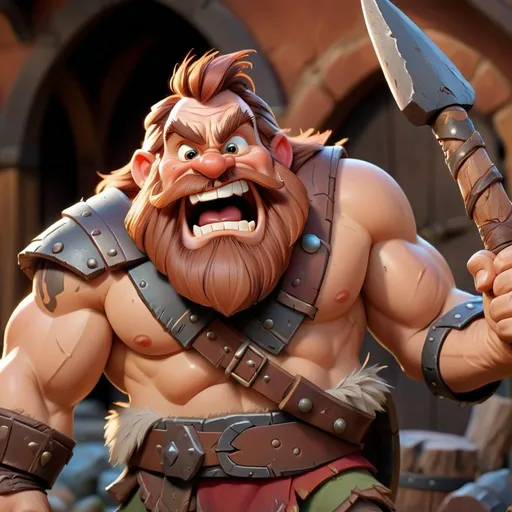 Prompt: Isolated design asset, happy expression, raised eyebrows, Disney style stocky dwarf male character with thick wild beard, unruly shaggy reddish brown hair, tanned weathered skin, sturdy leather armor, large greataxe, barbarian, broad shoulders, muscular arms, fierce demeanor, reddish blacksmith shop background