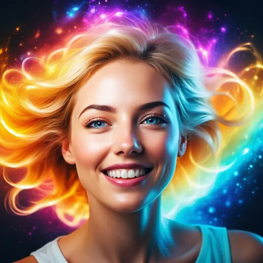 Prompt: Bright, vibrant colorful image of a white female person glowing with vitality.