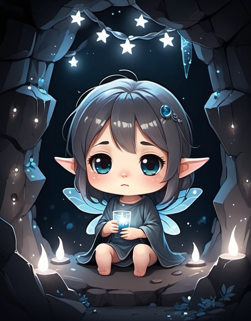 Prompt: Chibi kawaii cute cartoon illustration,  small dark cavern,  somber, dark, small twinkling fairy lights, blues, grays