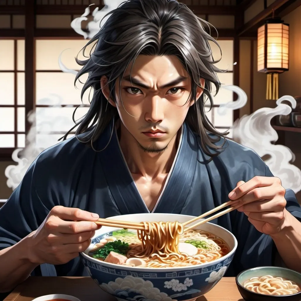 Prompt: Anime-style illustration of a long-haired Asian man eating ramen, clean-shaven, intense and focused gaze, traditional Japanese setting, steam rising from the bowl, detailed hair with cool reflections, high-quality, anime, detailed eyes, traditional, focused lighting, Asian, intense