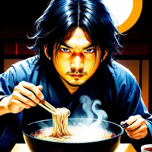 Prompt: Anime-style illustration of a long-haired Asian man, traditional Japanese setting, steam rising from the bowl, detailed hair with cool reflections, high-quality, anime, detailed eyes, traditional, focused lighting, Asian, intense, clean-shaven, intense and focused gaze, eating ramen, intense emotions