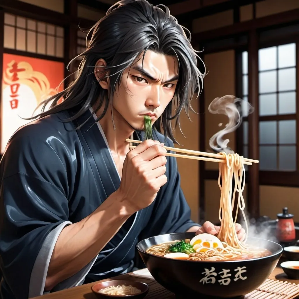 Prompt: Anime-style illustration of a long-haired Asian man eating ramen, clean-shaven, intense and focused gaze, traditional Japanese setting, steam rising from the bowl, detailed hair with cool reflections, high-quality, anime, detailed eyes, traditional, focused lighting, Asian, intense, make him angry