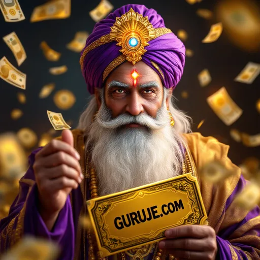 Prompt: *"A real human picture of a wise Indian Guruji with a long white beard, wearing a royal purple and gold turban, glowing third eye, holding a golden casino type lottery ticket with 'GURUJE.COM' written on it. Mystical floating lottery tickets and lot of indian rupees around him, luxury gold and purple color scheme, hyper-detailed, shiny metallic effects, digital art, ultra HD, 8K, trending on ArtStation."*
