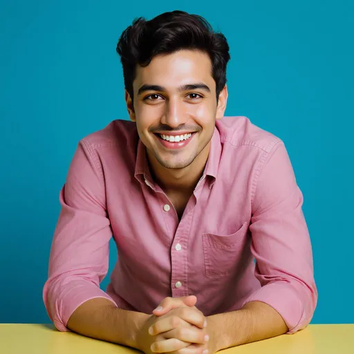 Prompt: A young man leans forward, exuding confidence against a vibrant blue backdrop. He has dark, wavy hair and is wearing a casual pink button-up shirt that complements his warm smile and engaging expression. His posture suggests a sense of approachability, with both hands resting on a surface in front of him, creating a dynamic and inviting energy. The bright and clear lighting accentuates the colors of his attire and the confident mood he conveys, making the entire composition feel lively and engaging. This portrait captures a moment of personality and warmth, reflecting a story of youthfulness and optimism.
