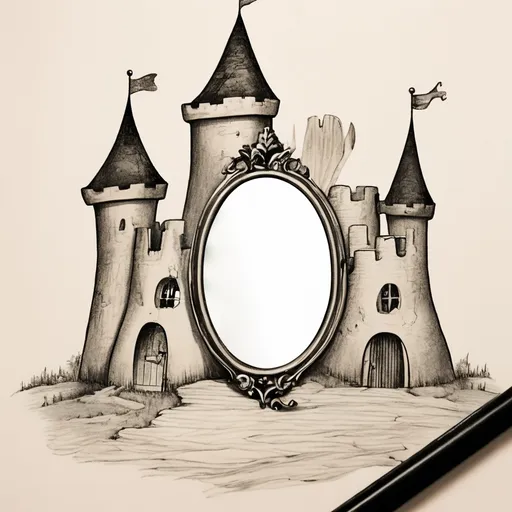 Prompt: drawing of a tooth castle with a mirror and a boy