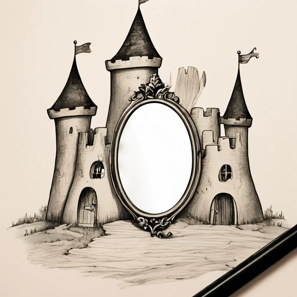 Prompt: drawing of a tooth castle with a mirror and a boy