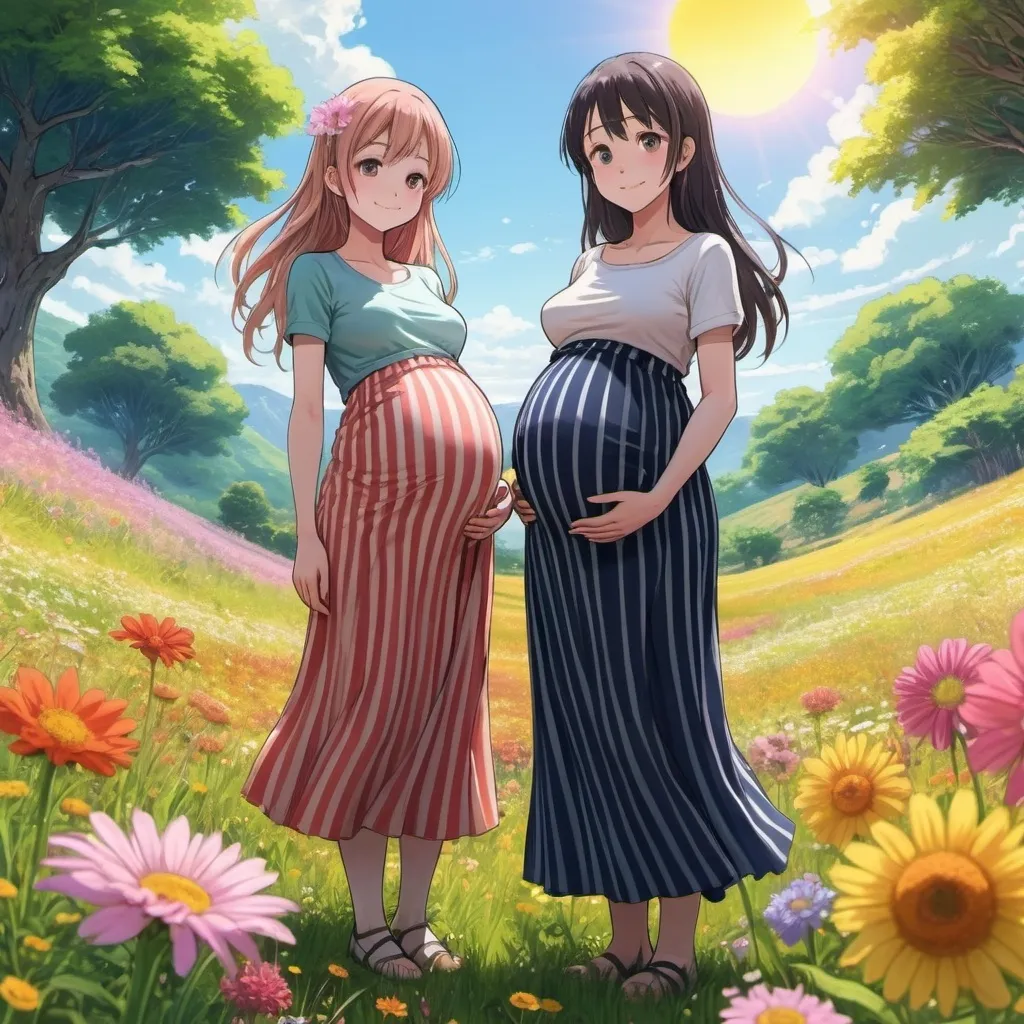 Prompt: Many pregnant anime girls wearing maxi long vertical striped skirts. The anime girls are side by side.

A midget humanoid monster is their husband.