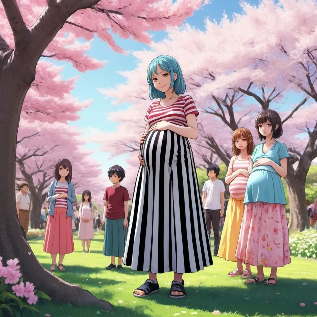 Prompt: Many pregnant anime girls wearing maxi long vertical striped skirts. The anime girls are side by side.

A midget humanoid monster is their husband.