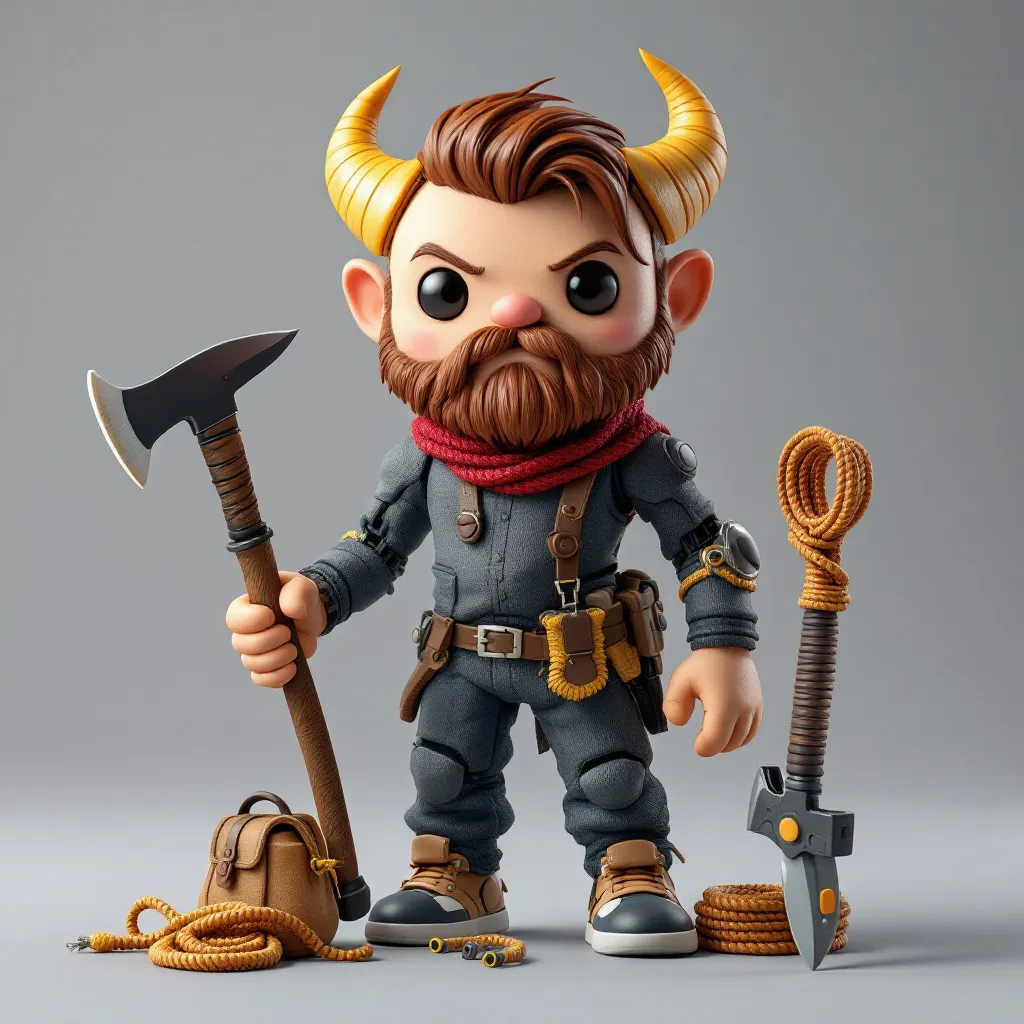 Prompt: Create image Convert the uploaded image into a color 3D model with properties of an Art Toy named 'Arthorn ', packaged with AI themed accessories including: Bag, knife,rope,axe