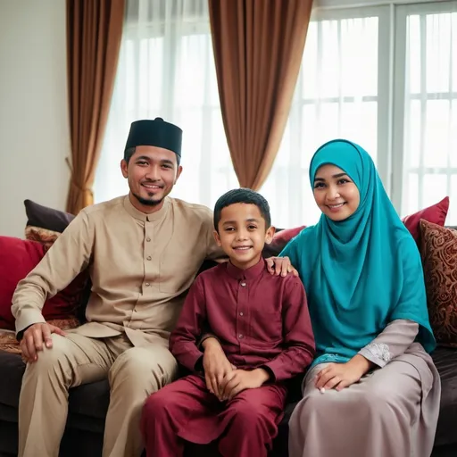 Prompt: an indonesian family of three sitting on a sofa together in the living room with a window behind them and a sofa, the husband wearing songkok, the wife wearing a hijab, and an 8 year old son, Fathi Hassan, ituriyya, promotional image, stock photo