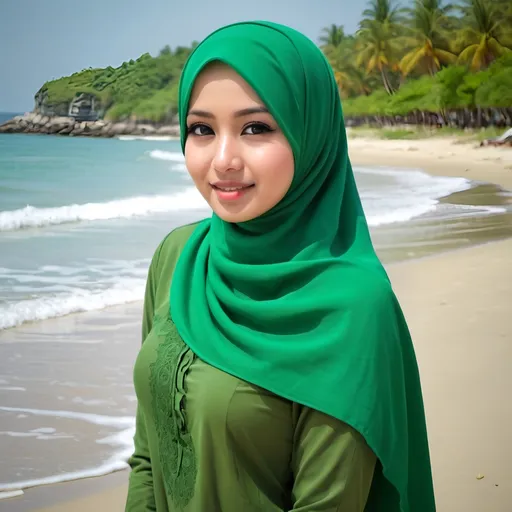 Prompt: High resolution, HDR, BEAUTIFUL Moslem girls, Indonesian, green hijab, in the beach