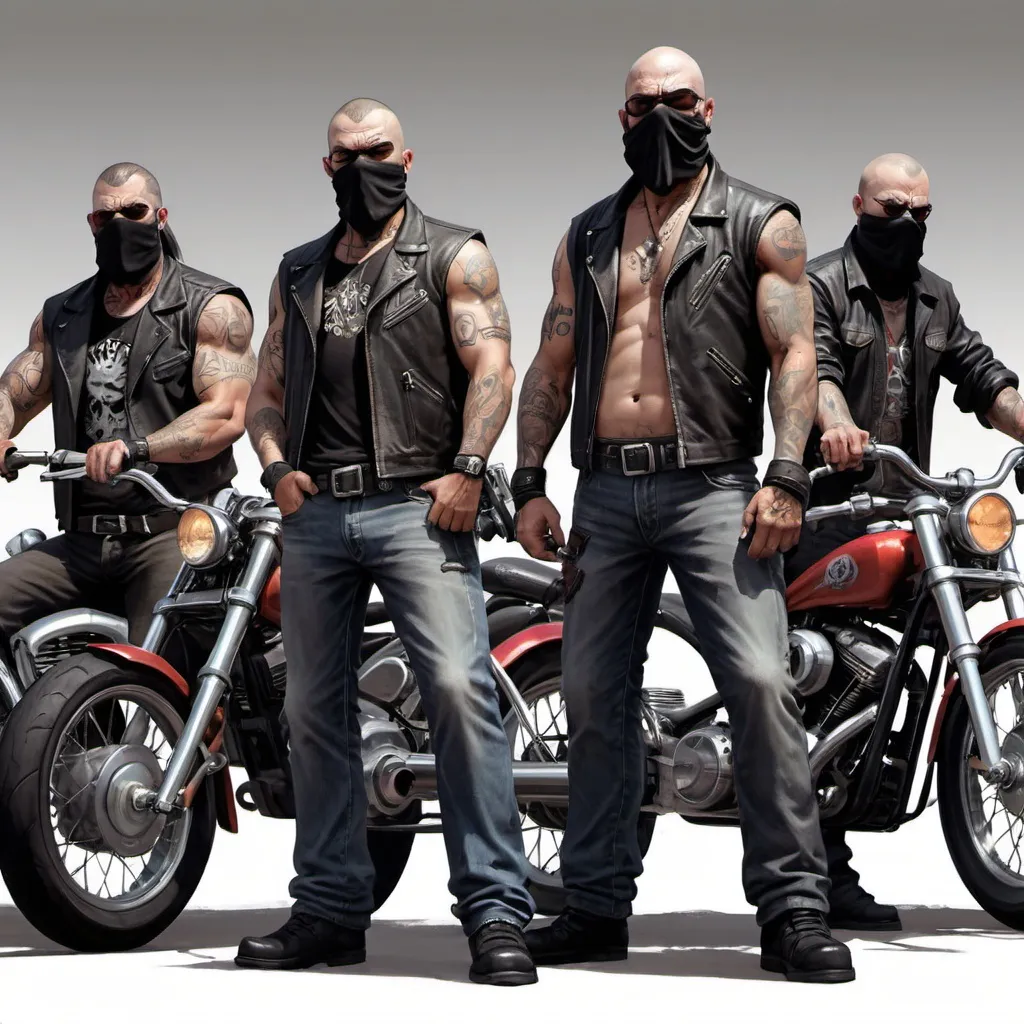 Prompt: Biker gang members, bandits, concept art, bandit gang, intimidating