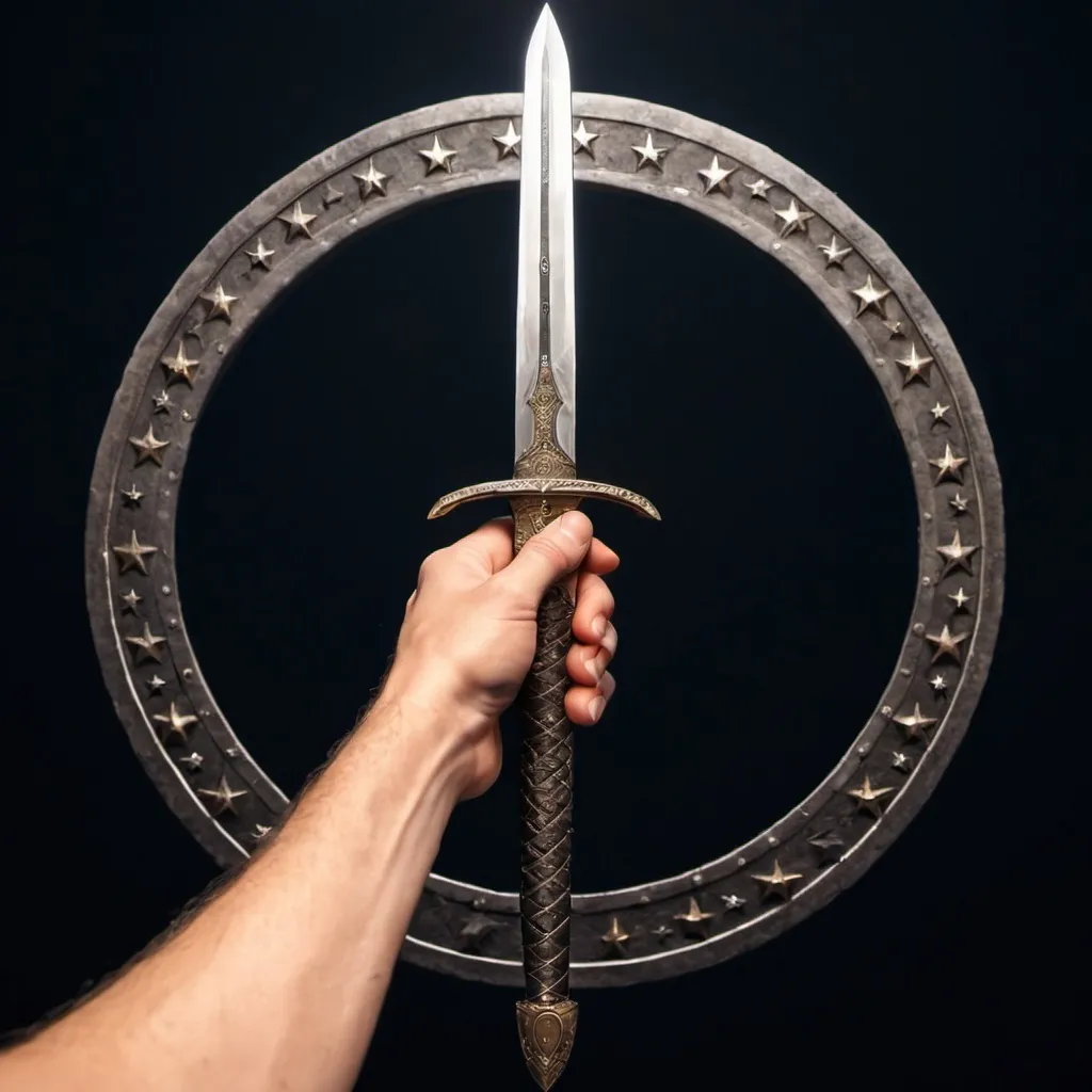 Prompt:  hand holding the grip handle of a sword being pointed up showing the sharp tip in a circle surrounded by 7 stars
 
