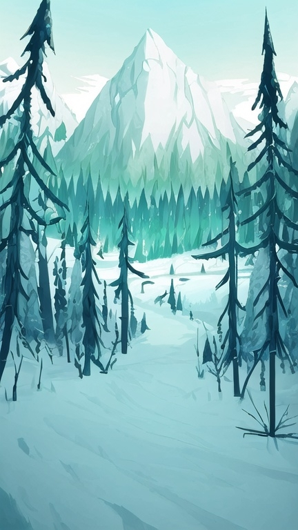 Prompt: A serene outdoor landscape featuring a majestic mountain backdrop with gentle snow caps, portrayed in an illustrative style that blends art nouveau and modern minimalism. The scene is framed by tall evergreen trees, their dark green foliage contrasted against lighter shades of pastel blues and warm earth tones. A winding pathway meanders through a lush meadow dotted with stylized wildflowers in soft hues of yellow and white, adding pops of color to the tranquil setting. A pale blue sky occupies the top of the image, with a minimalistic sun and delicate wisps of clouds enhancing the peaceful ambiance. The overall composition combines elegance and adventure, embodying a sense of exploration in nature. A path goes through the woods, the path looks like a promenade, naturally somewhat overgrown and eroded. The landscape has a twist though, it's in the winter season and all covered in snow.