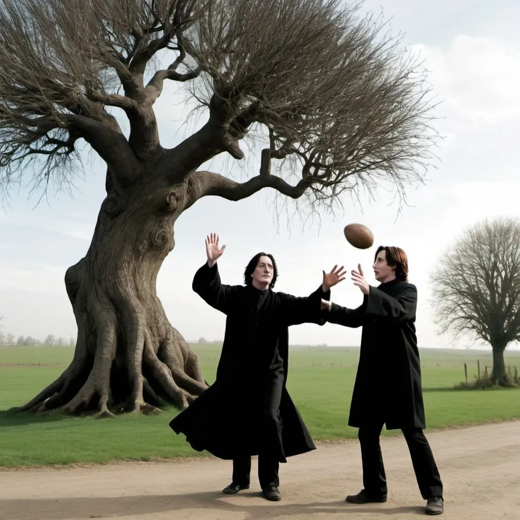 Prompt: Make picture of snape playing catch with Harry potter in front of the whomping willow. They are happy. Snape is played by Alan rickman and Harry potter by Daniel Radcliffw