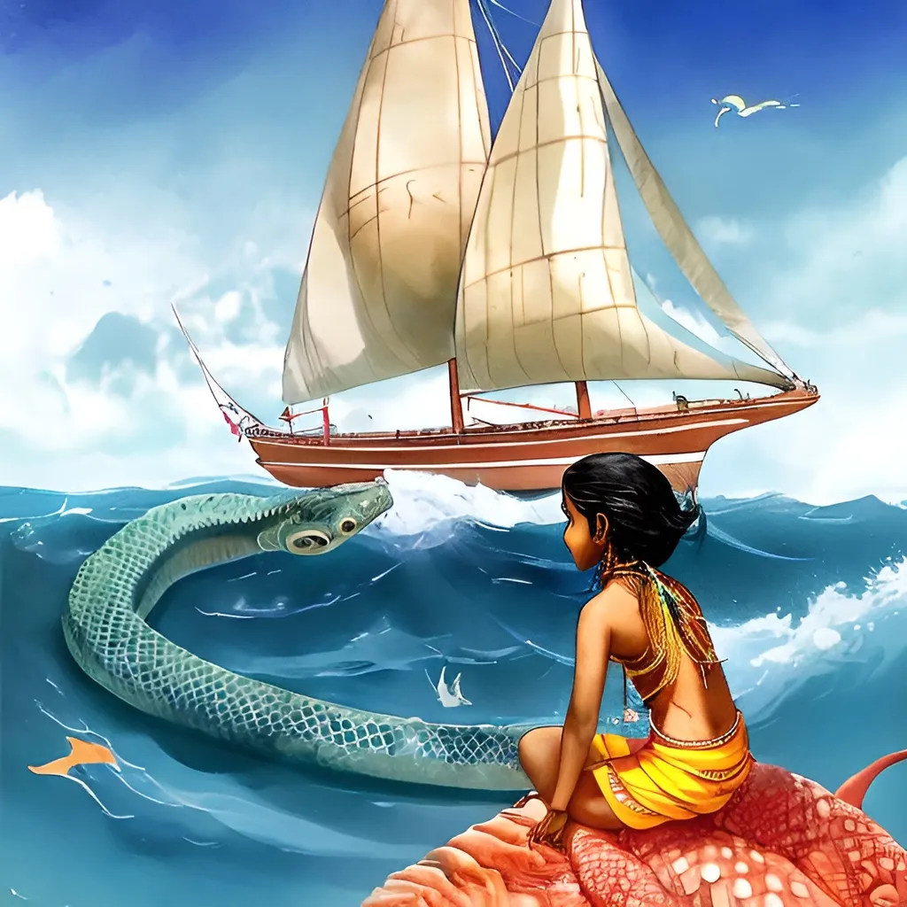 Prompt: A indian koli girl ( light bluish color) sitting riding a huge sea python on seas (waves). A part of tropical island in the background (with palm trees). A sailship in the background