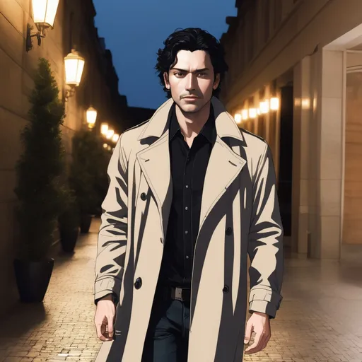 Prompt: generate a full body detailed image of a man of about 35 years old, with a complexion of Latin complexion. His straight black hair falls in mid-length, forming messy curls at the nape of his neck. A small scar stands out above his right eyebrow. His eyes, large and deep, have an intense black color 
He wears an elegant trench coat that fits his figure, over a white turtleneck shirt and a loose scarf. His denim pants are matched with polished black shoes. He is walking at the courtyard of a European university at night. The ground is decorated with dried leaves gently rustling in the wind, while fuzzy students converse and walk in the background, creating a serene yet dynamic academic atmosphere."